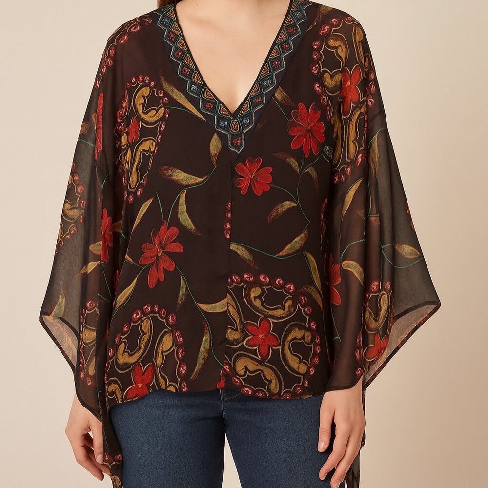 Chico’s embroidered semi sheer sequin flutter sleeve V-neck Silk blouse, L (2)